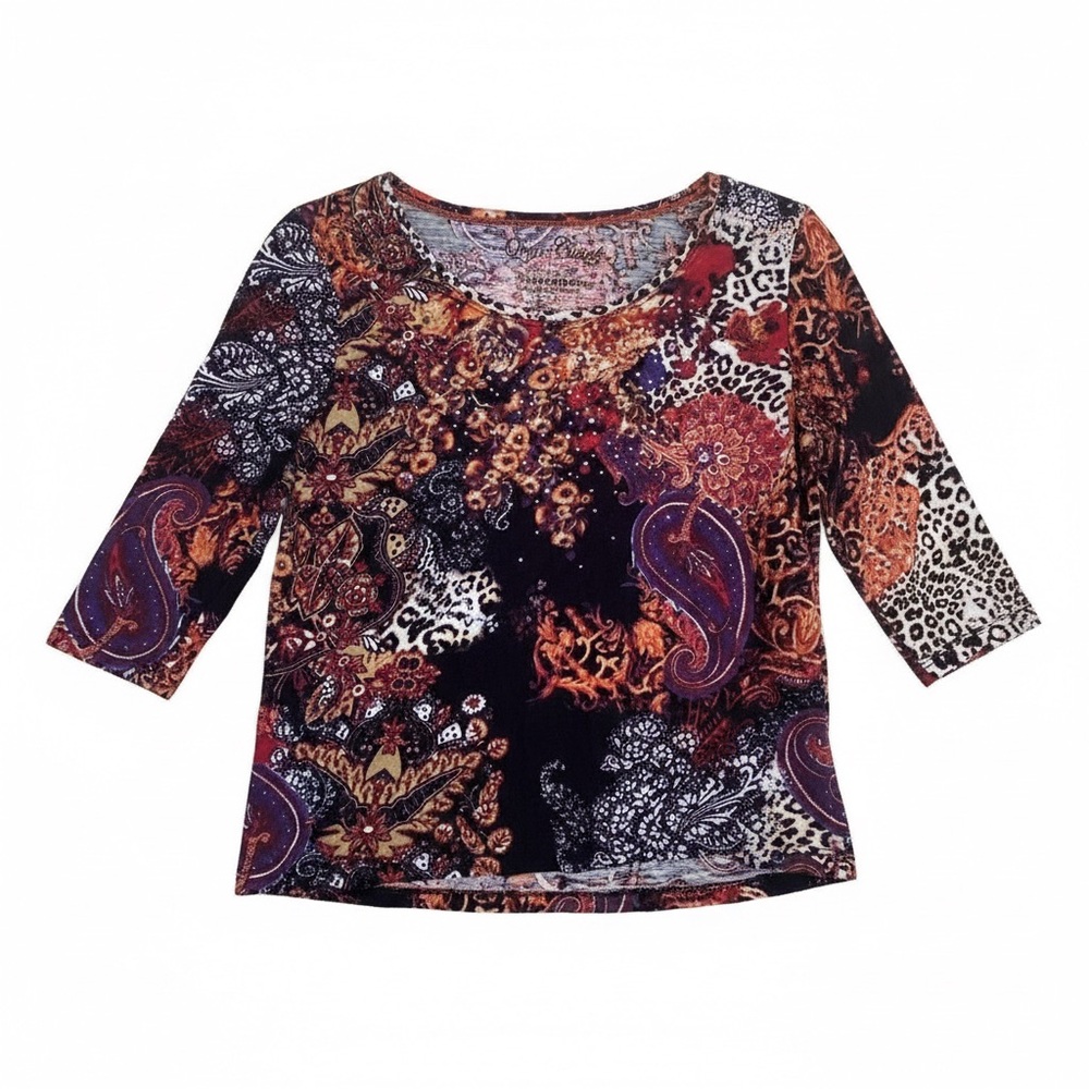 Onque Casuals Mixed Print Rhinestone Blouse - Size Large
